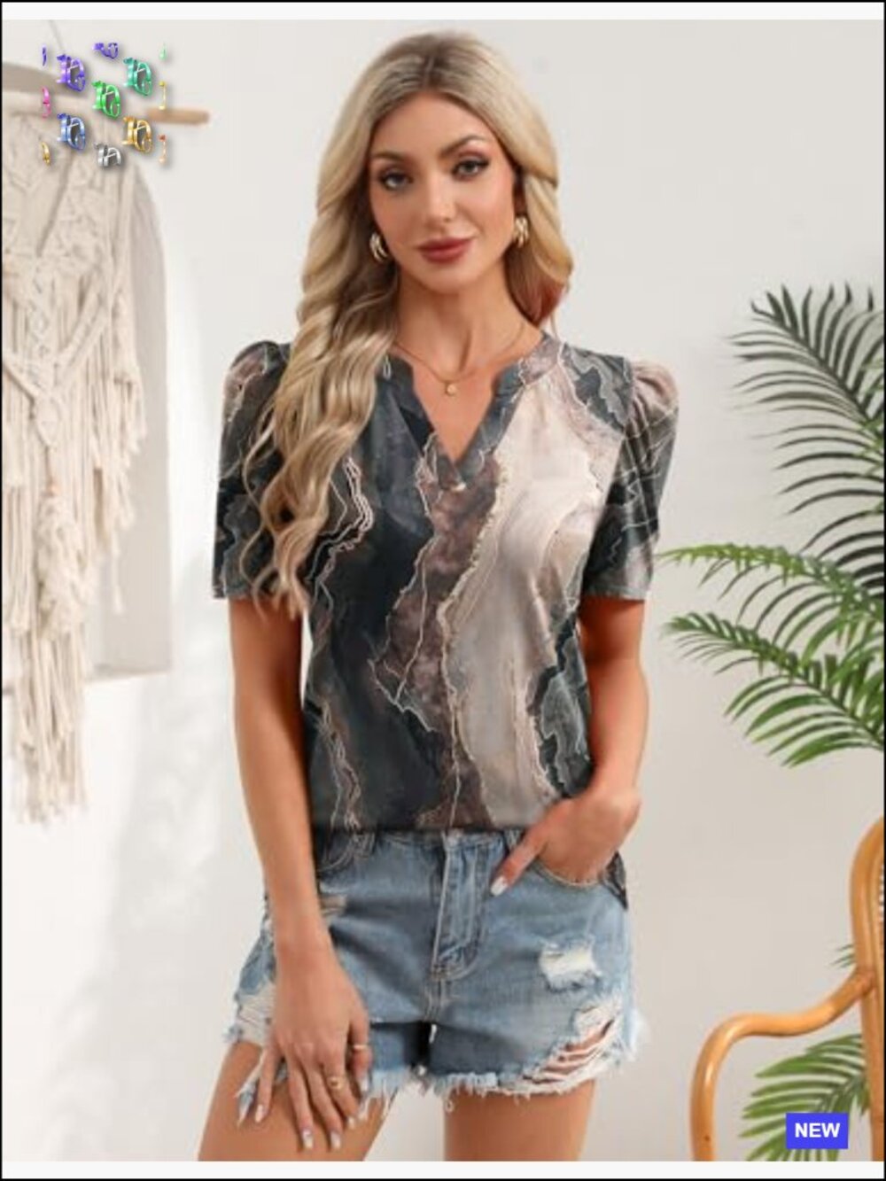 Puff Sleeve V Neck Blouse Short Sleeve Dressy Casual Spring Top Floral Boho - Picture 4 of 7